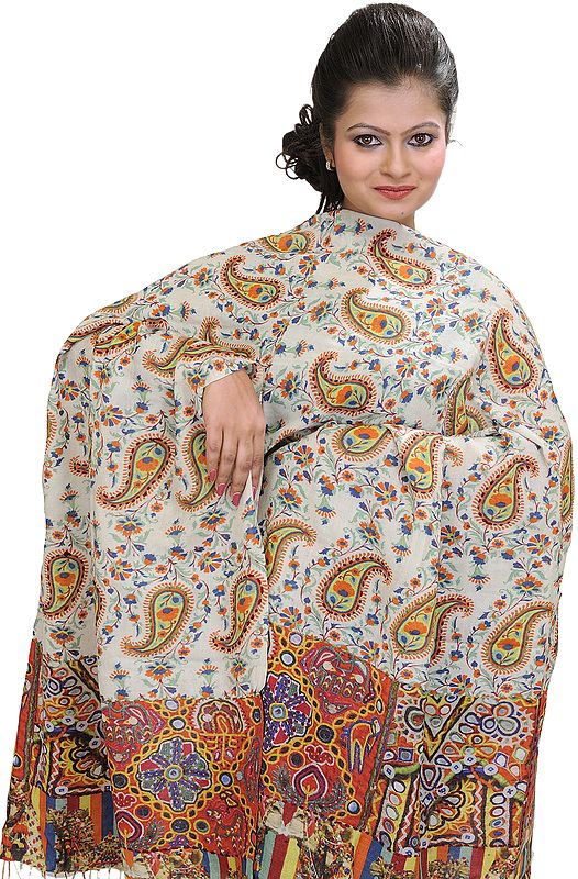 Winter-White Digital-Printed Kani Stole with Woven Paisleys in Multi-Colored Thread