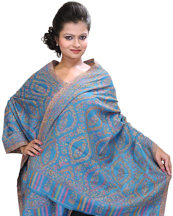 French-Blue Kani Stole with Woven Paisleys in Multi-Colored Thread