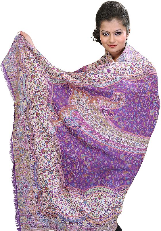 Royal-Purple Kani Shawl with Woven Flowers in Multi-Colored Thread