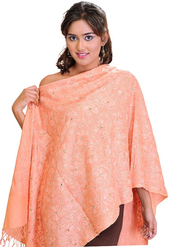 Peach-Bud Stole from Amritsar with Aari Embroidered Flowers and Sequins