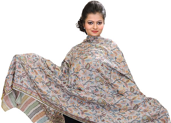 Flint-Gray Kani Pure Pashmina Shawl with Woven Paisleys in Multi-Colored Thread