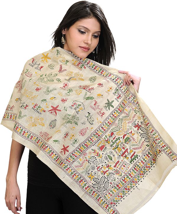 Beige Kantha Embroidered Dupatta Inspired by Warli Folk Art