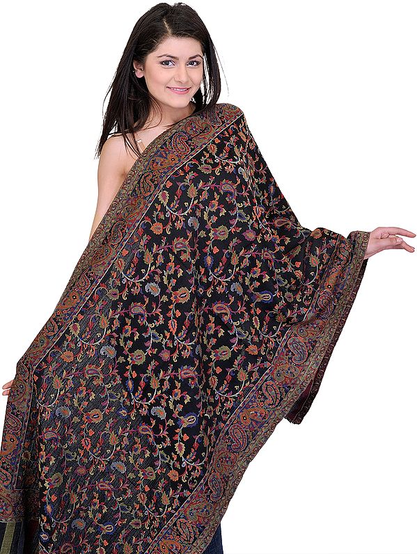 Jet-Black Kani Stole with Woven Paisleys in Multi-Colored Thread