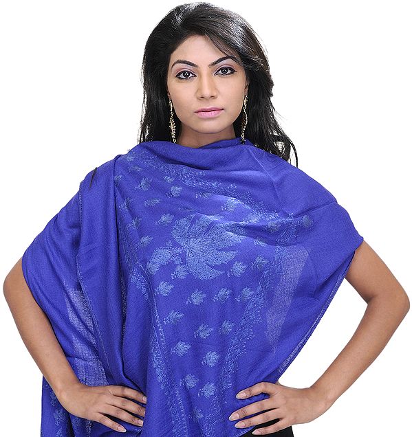 French-Blue Kashmiri Stole with Sozni Hand Embroidered Maple Leaves