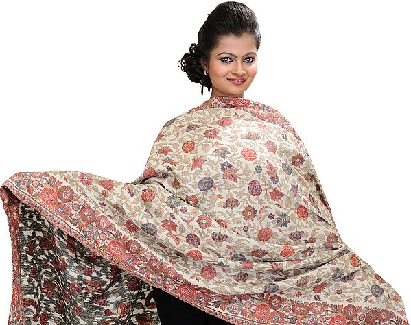 Snow-White Kani Shawl with Woven Flowers in Multi-Colored Thread