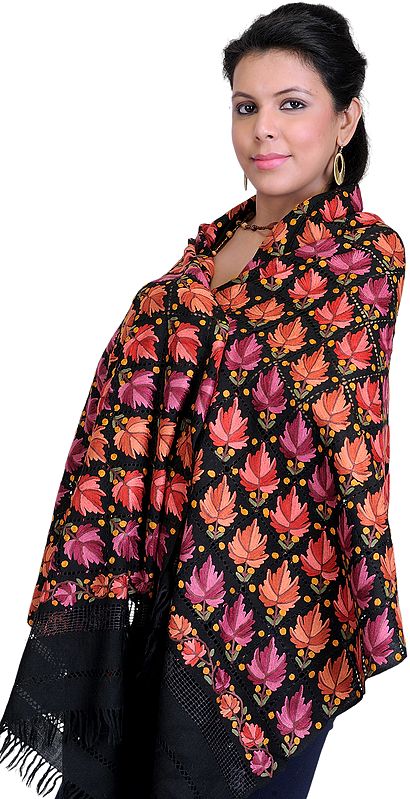 Jet-Black Kashmiri Stole with Hand-Embroidered Maple Leaves