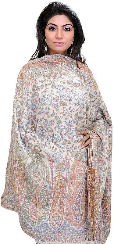 Cloud-Cream Kani Stole with Woven Paisleys in Multi-Colored Thread