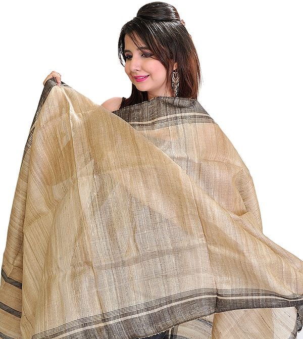 Plain Almond-Buff Dupatta from Jharkhand with Woven Stripes on Border