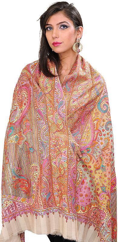 Biscotti-Beige Pure Pashmina Shawl from Kashmir with Hand-Embroidered Flowers All-Over