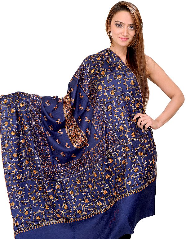 Brilliant-Blue Tusha Shawl with Sozni Hand-Embroidered Paisleys and Flowers