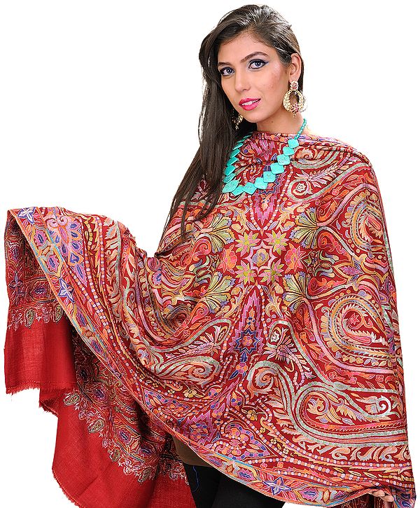 Rio-Red Designer Pashmina Shawl from Kashmir with Sozni Embroidery by Hand