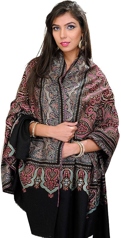 Jet-Black Pashmina Shawl with Indricate Needle Embroidery By Hand