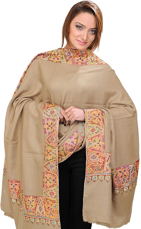 Almond-Sand Plain Shawl from Kashmir with Hand Embroidered Flowers on Border
