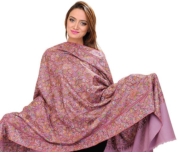 Prism-Pink Pure Pashmina Shawl with All-Over Hand-Embroidered Flowers in Multi-Colored Thread