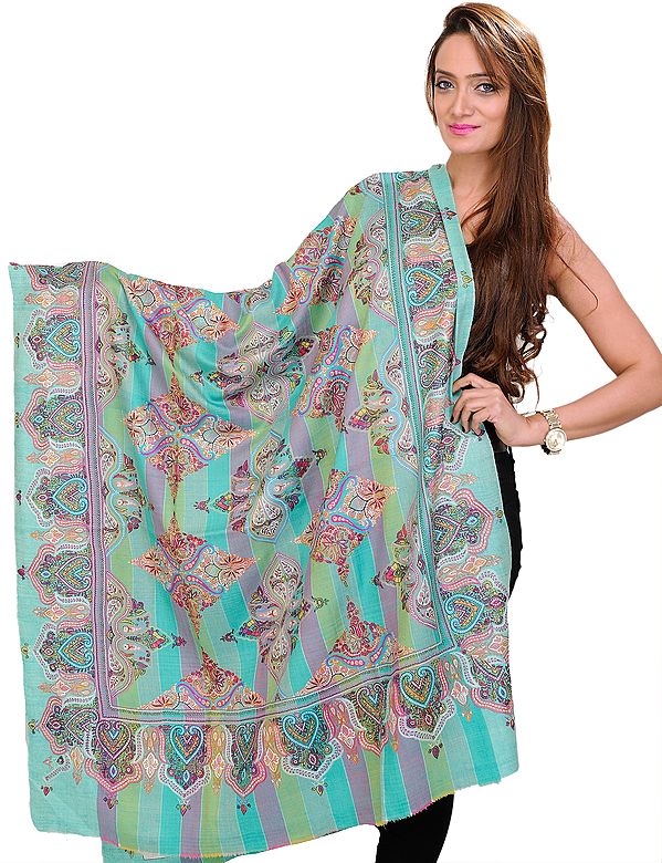Multi-Color Pure Pashmina Shawl with Sozni Embroidery on Hand-woven Stripes