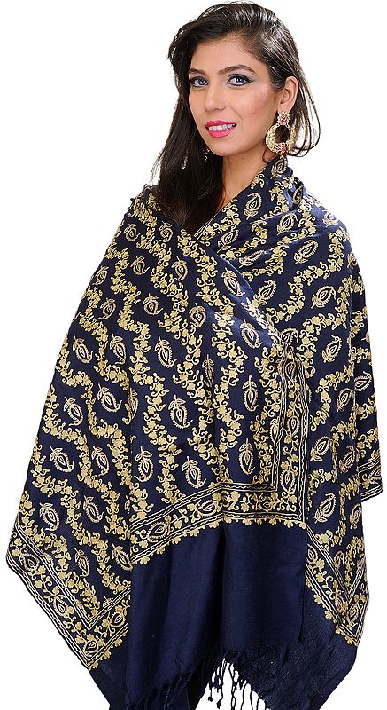 Stole from Amritsar with Embroidered Paisleys in Metallic Thread