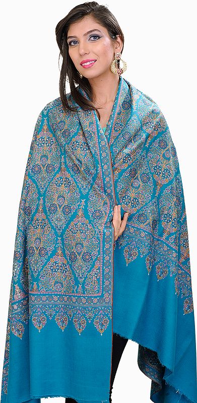 Brilliant-Blue Pure Pashmina Shawl from Kashmir with Intricate Hand-Embroidery By Hand