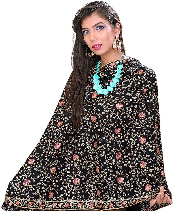 Jet-Black Pure Pashmina Shawl with Hand-Embroidered Floral Jaal
