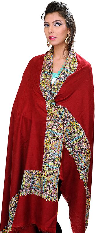 Burnt-Red Plain Kashmiri Shawl with Hand Embroidered Flowers on Border