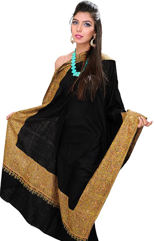 Jet-Black Plain Pashmina Shawl from Kashmir with Wide Sozni Hand-Embroidered Border