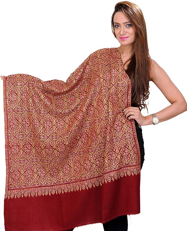 Burnt-Red Pure Pashmina Shawl from Kashmir with Sozni Floral Embroidery by Hand