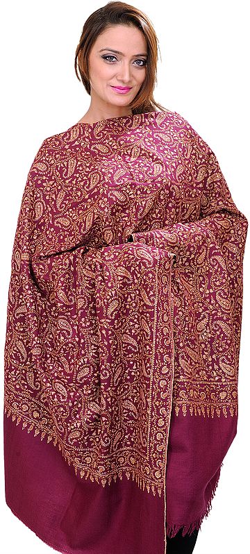 Purple Pure Pashmina Shawl from Kashmir with Sozni Embroidered Paisleys All-Over