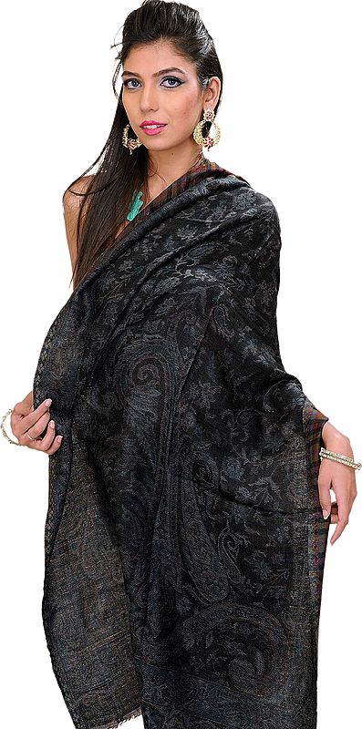 Double-Sided Kani Pashmina Stole with Woven Paisleys and Multi-Colored Checks