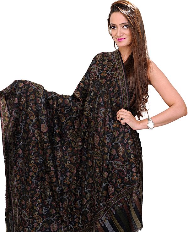 Black Pure Pashmina Shawl with Multi-Colored Kani Weave