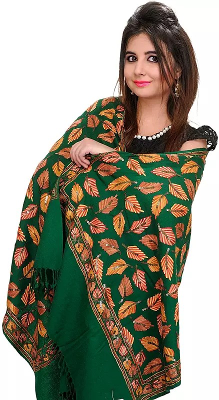 Pure Wool Stole from Amritsar with Aari Embroidered Leaves and Sequins