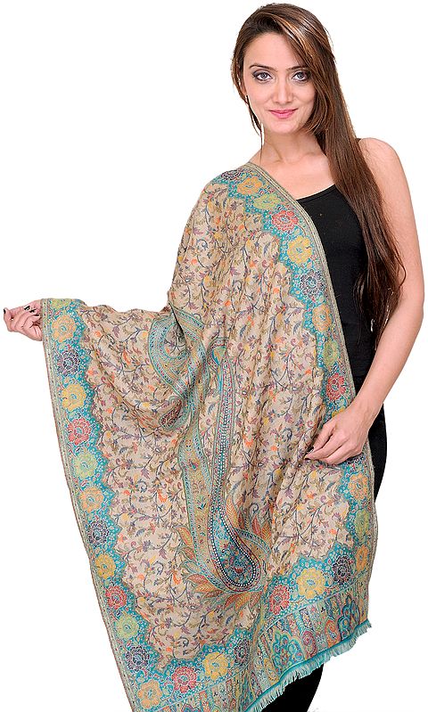 Fog-Colored Kani Stole with Woven Paisleys in Multi-Colored Thread
