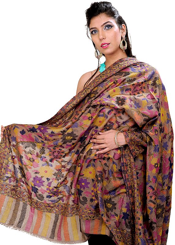 Warm-Taupe Kani Shawl from Kashmir with Woven Flowers in Multi-Colored Thread