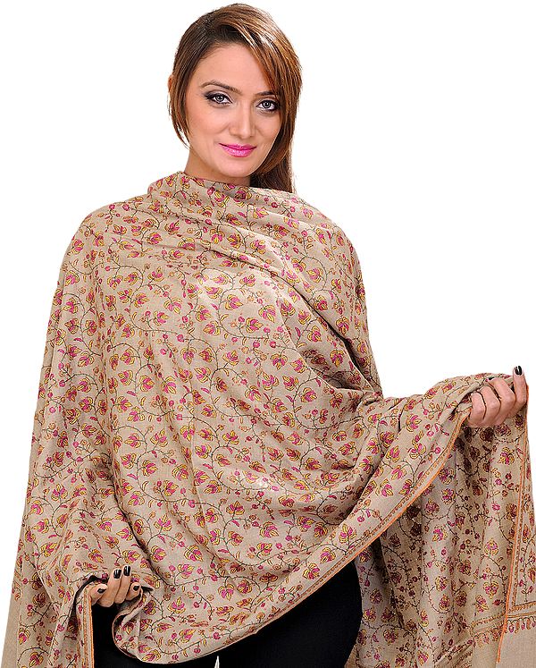 Oxford-Tan Kashmiri Pure Pashmina Shawl with Sozni Embroidered Flowers by Hand