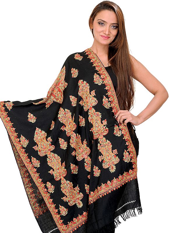 Jet-Black Kashmiri Stole with Aari Embroidered Paisleys by Hand