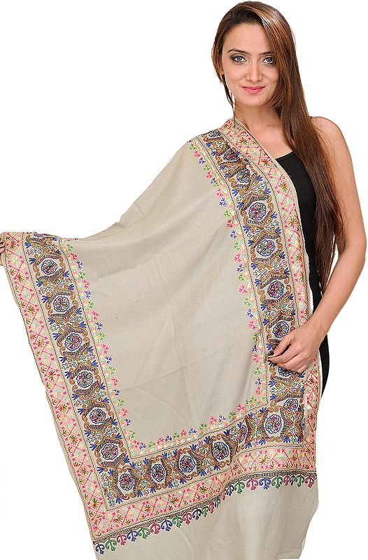 Plain Designer Cashmere Shawl from Amritsar with Wide Nalki Embroidered Border
