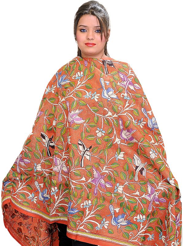 Mecca-Orange Kantha Dupatta with Hand-Embroidered Birds and Foliage