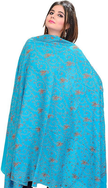 Scuba-Blue Tusha Shawl from Kashmir with Sozni Hand-Embroidered Flowers