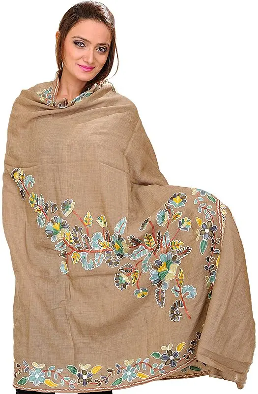 Shawl from Amritsar with Aari Embroidered Flowers in Multi-Colored Thread