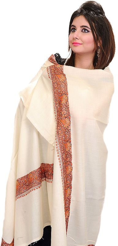 Plain Shawl from Kashmir with Sozni Embroidery on Border
