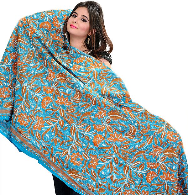 Capri-Breeze Kantha Dupatta with Hand-Embroidered Flowers and Leaves