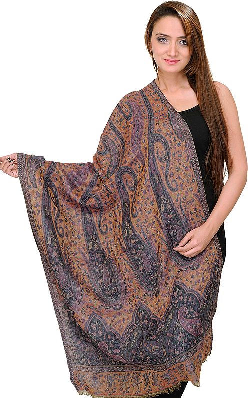 Biscuit-Colored Cashmere Jamawar Stole with Woven Large Paisleys
