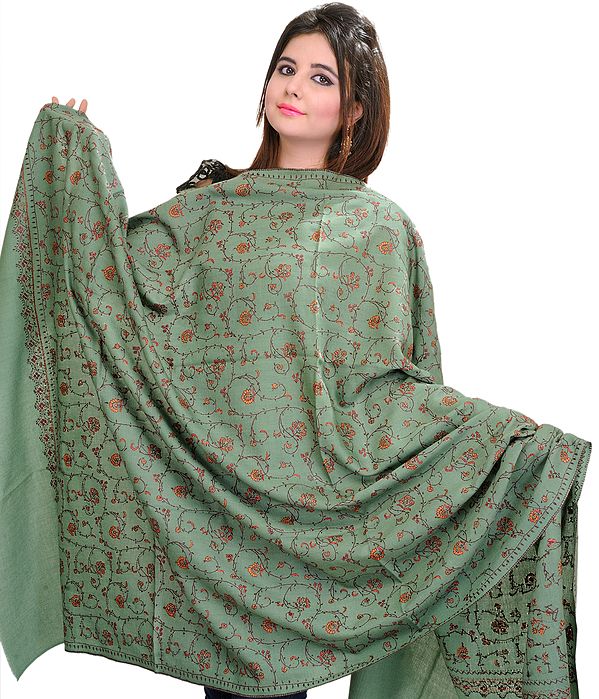 Feldspar-Green Tusha Shawl from Kashmir with Sozni Embroidered Flowers All-Over