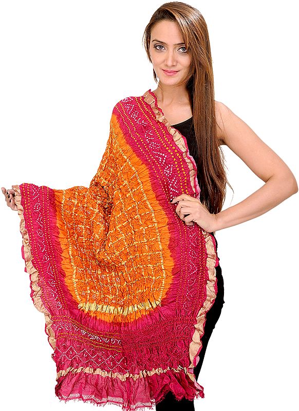 Orange and Pink Tie-Die Bandhani Gharchola Dupatta from Jodhpur with Golden Thread Weave
