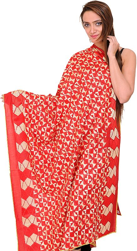Tango-Red Phulkari Dupatta with Aari Embroidery All-Over