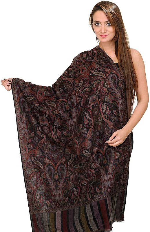 Black Cashmere Kani Stole with Woven Paisleys in Multi-Colored Thread