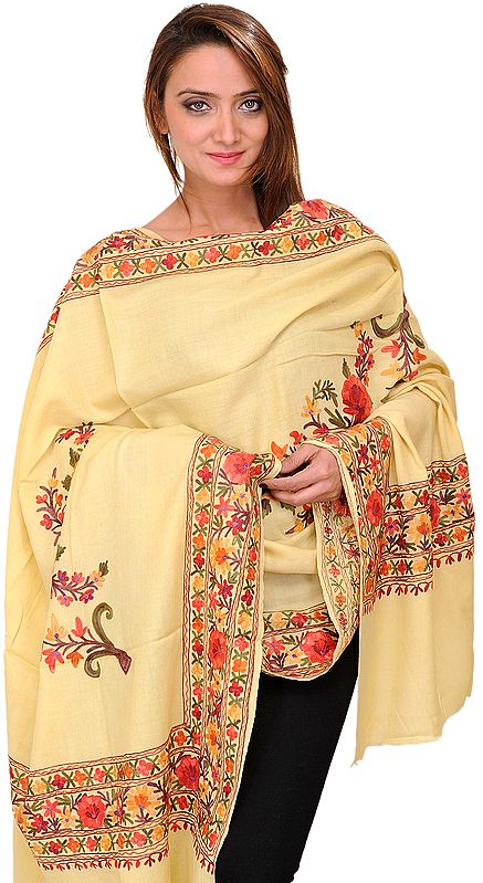 Straw-Colored Kashmiri Shawl with Aari Embroidered Flowers