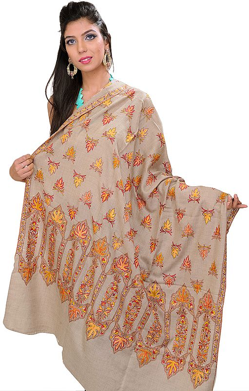 Simply-Taupe Pashmina Shawl from Kashmir with Hand Embroidered Maple Leaves