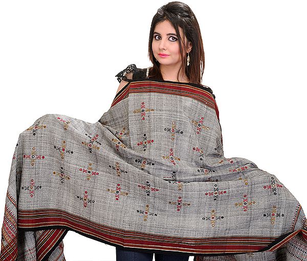 Gray Handloom Shawl from Kutch with Mirrors