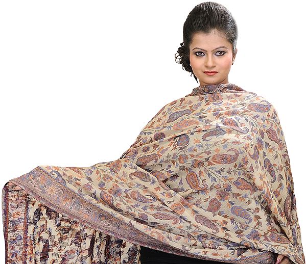 Cloud-Cream Cashmere Kani Shawl with Hand-Woven Paisleys