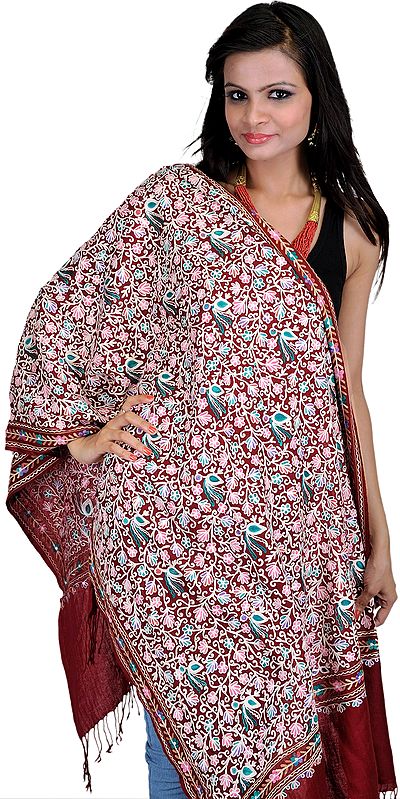 Rosewood Stole From Kashmir with Aari Embroidered Flowers All-Over
