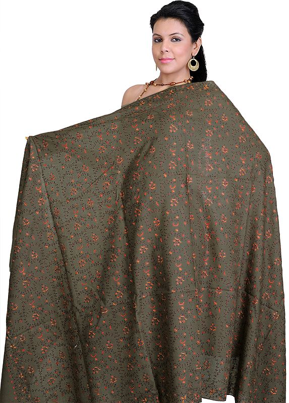 Dark-Olive Kashmiri Tusha Shawl with Sozni Embroidery by Hand